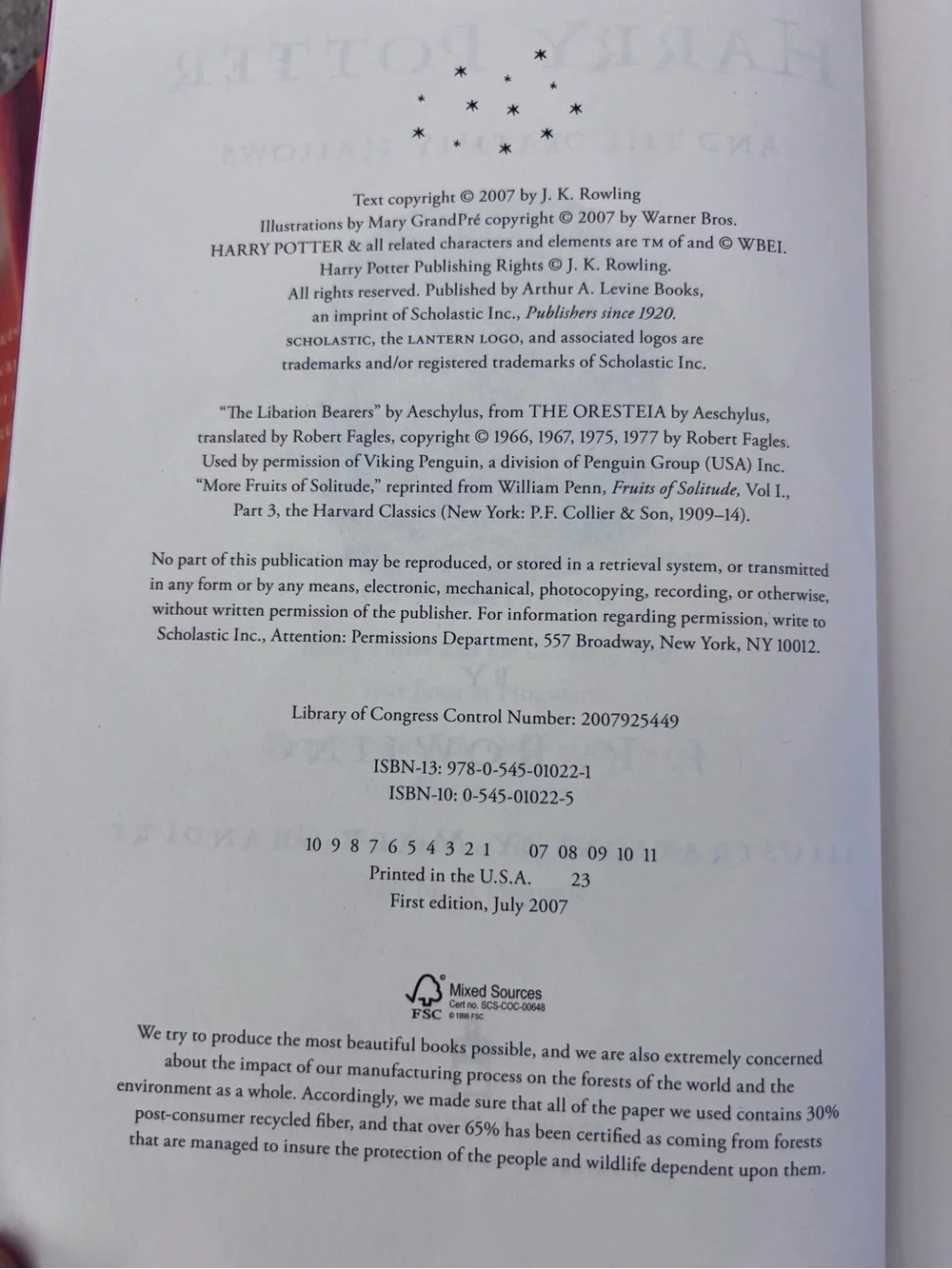 Harry Potter and the Deathly Hallows first edition